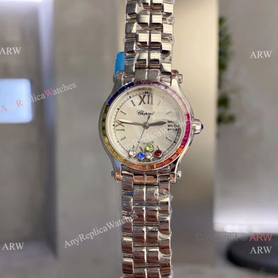 Clone Chopard Happy Sport 30mm Watch Rainbow bezel Stainless Steel